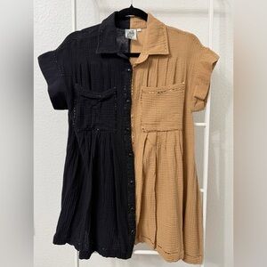 QUEEN OF SPARKLES - Two-Tone Black & Tan - Gauze Mini Shirt Dress